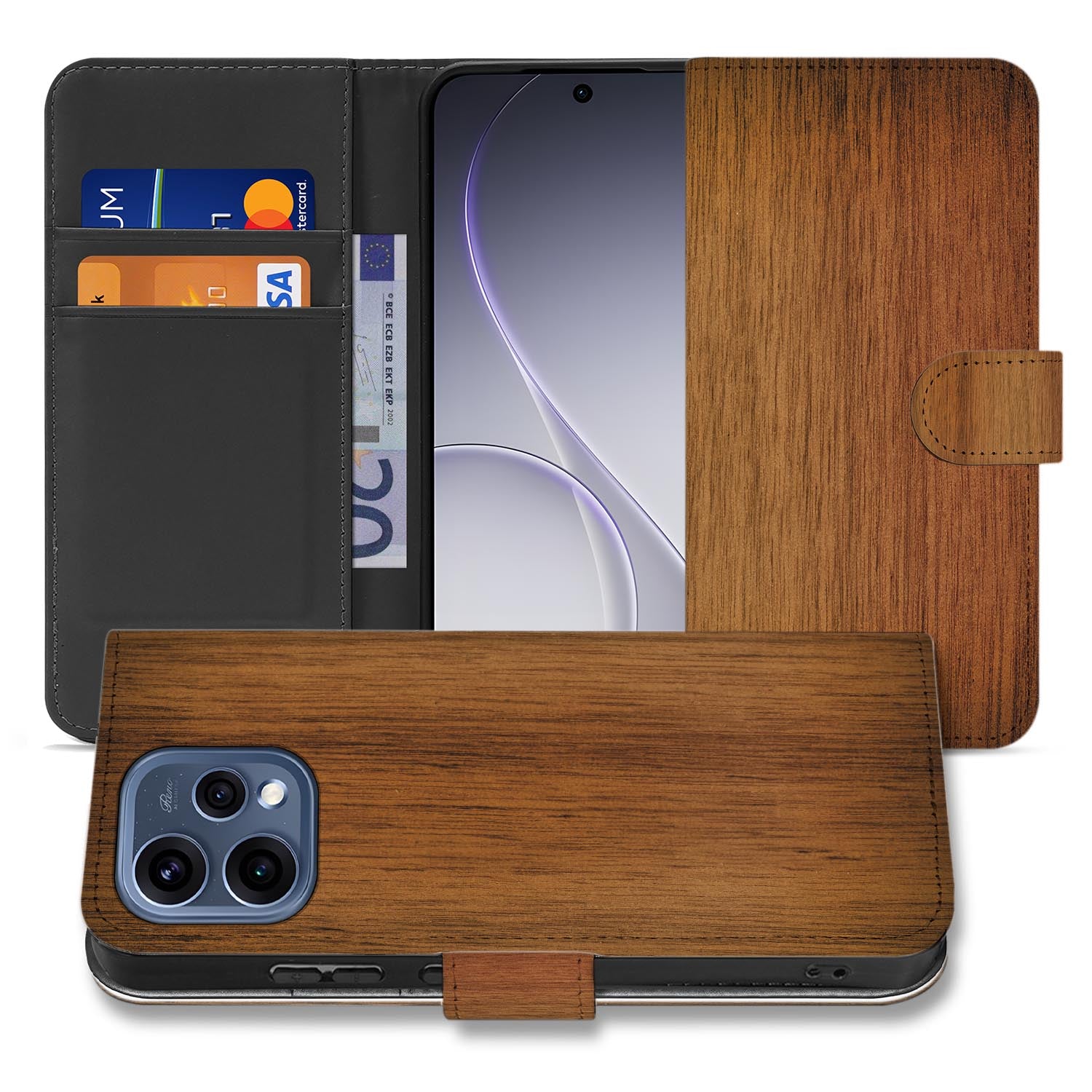 OPPO Reno15 boekhoesje Donker Hout – randafwerking en stiksel