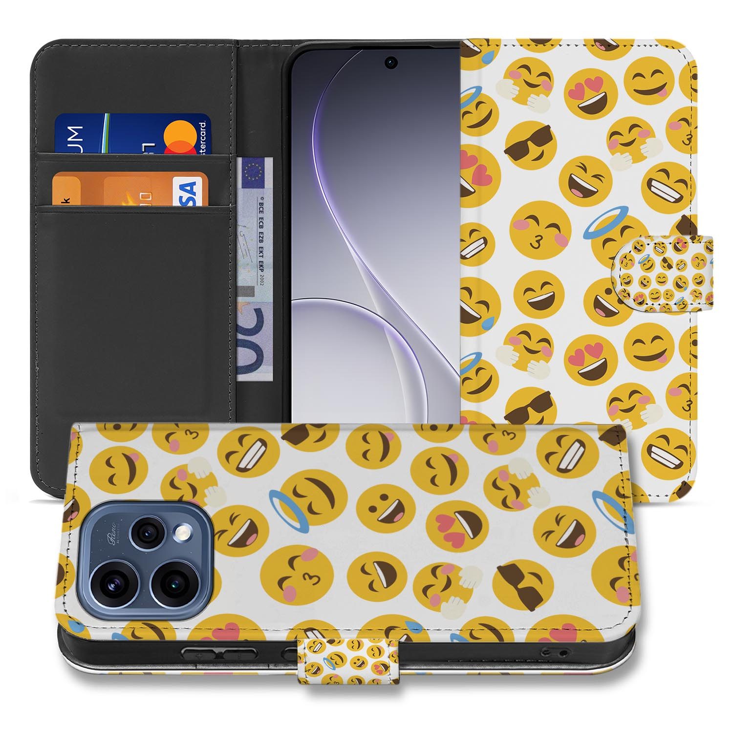 OPPO Reno15 wallet hoesje Emoji – gesloten vooraanzicht