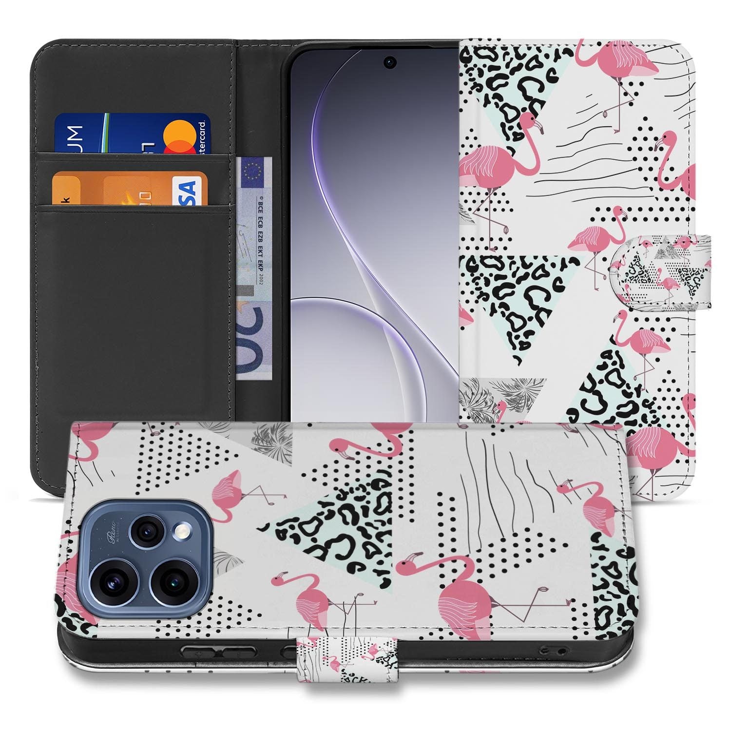 OPPO Reno15 hoesje met pasjeshouder Flamingo Triangle – achterkant met camera-uitsparing