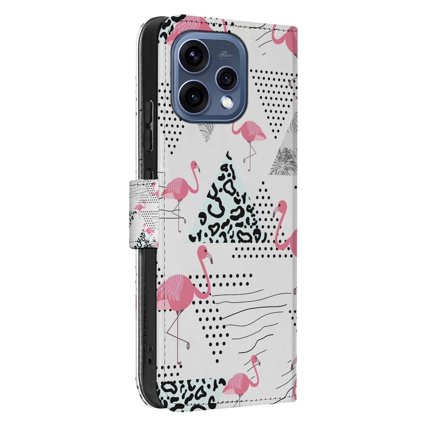 OPPO Reno15 hoesje met pasjeshouder Flamingo Triangle – randafwerking en stiksel