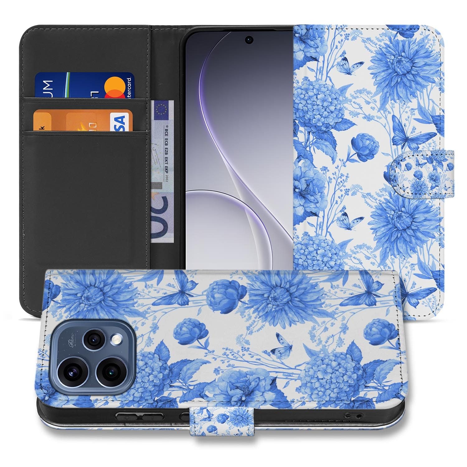 OPPO Reno15 wallet hoesje Blauwe Bloemen – binnenzijde met TPU-houder