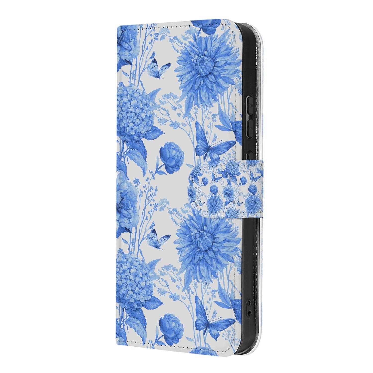 OPPO Reno15 wallet hoesje Blauwe Bloemen – bovenaanzicht van de klep