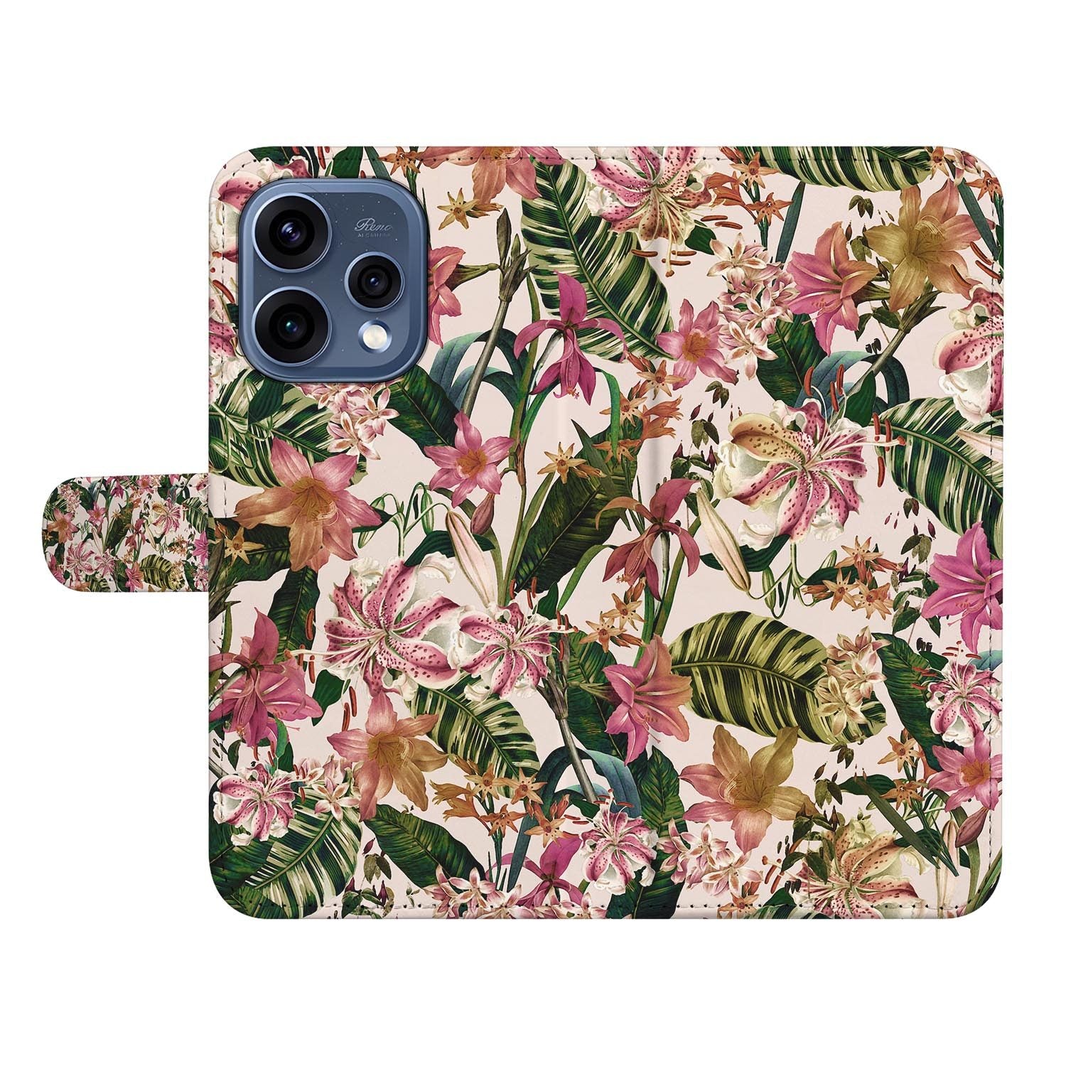 OPPO Reno15 wallet hoesje Blauwe Bloemen – zijkant met magneetsluiting