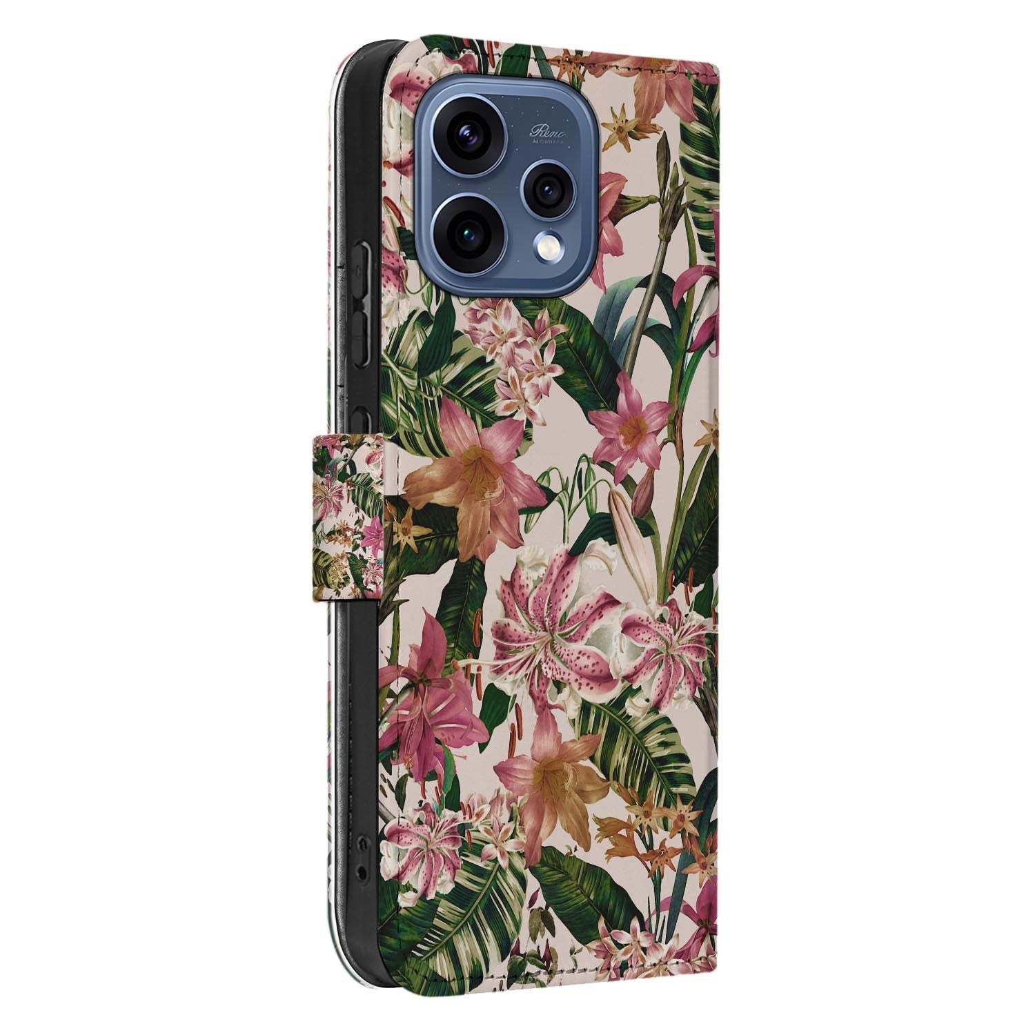 OPPO Reno15 boekhoesje Bloemen Paars Wit – close-up van het kunstleer