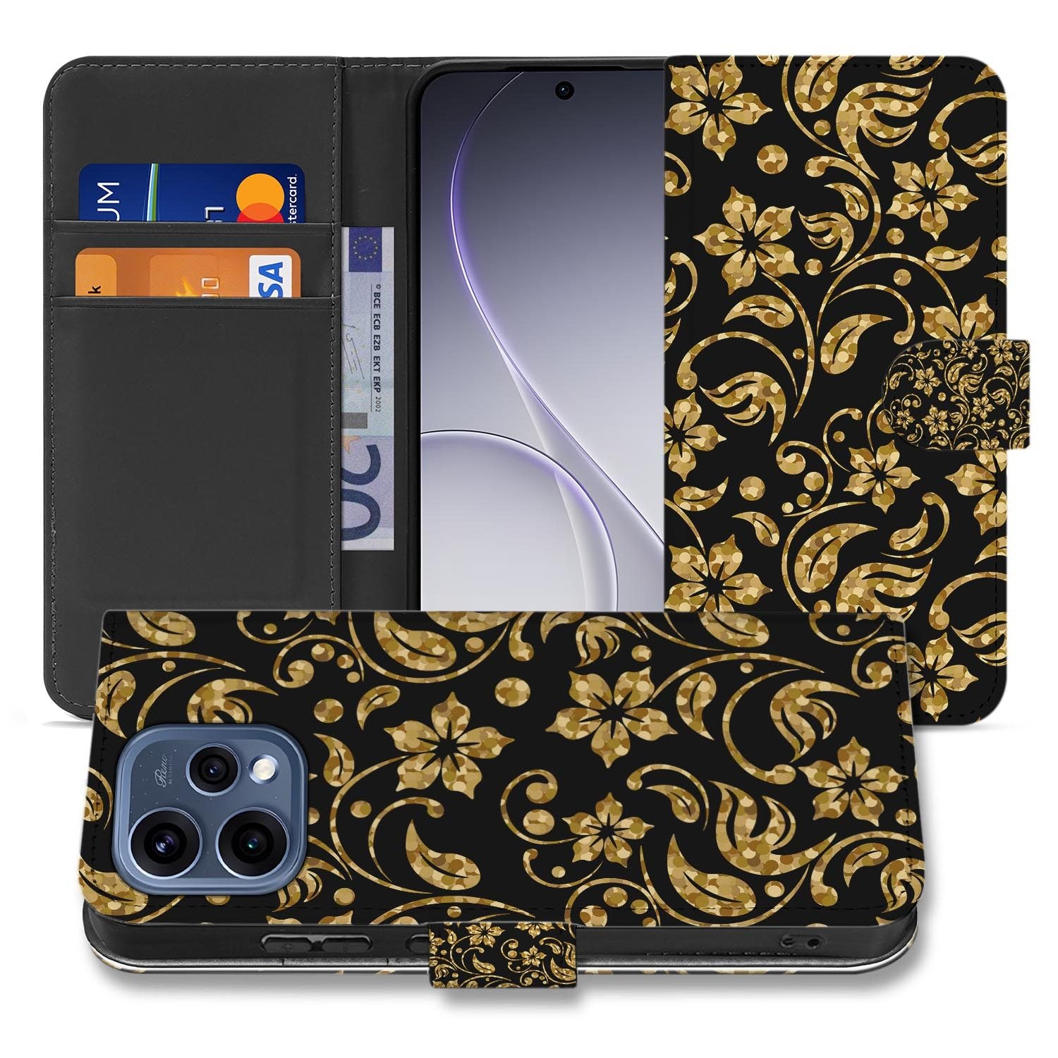 OPPO Reno15 hoesje met pasjeshouder Gouden Bloemen – opengeslagen met de pasjesvakken