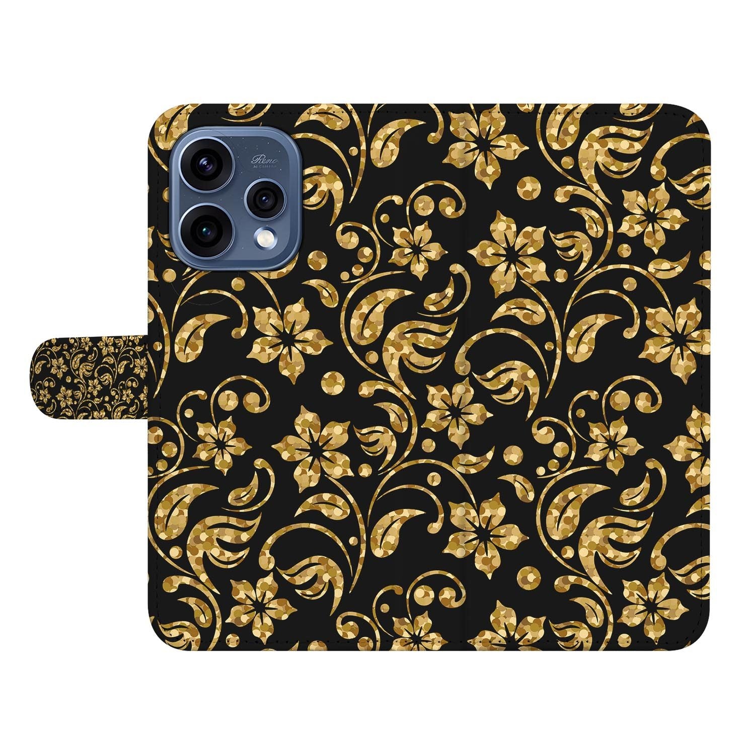 OPPO Reno15 hoesje met pasjeshouder Gouden Bloemen – randafwerking en stiksel