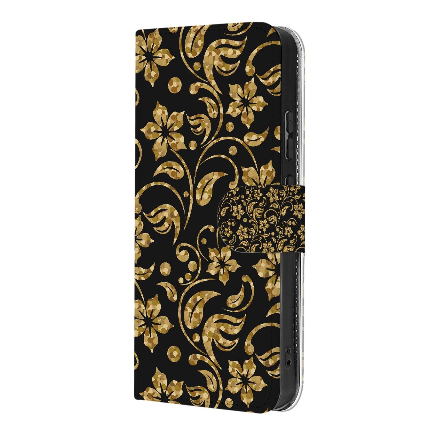 OPPO Reno15 hoesje met pasjeshouder Gouden Bloemen – achterkant met camera-uitsparing