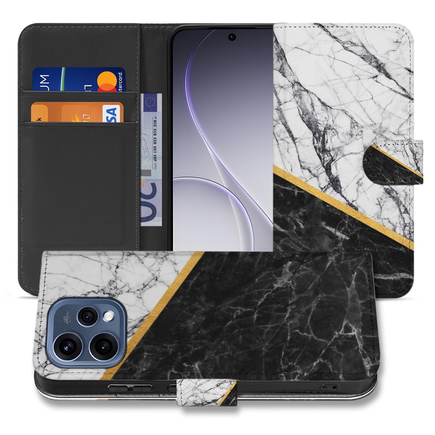 OPPO Reno15 wallet hoesje Marmer Wit Zwart – gesloten vooraanzicht