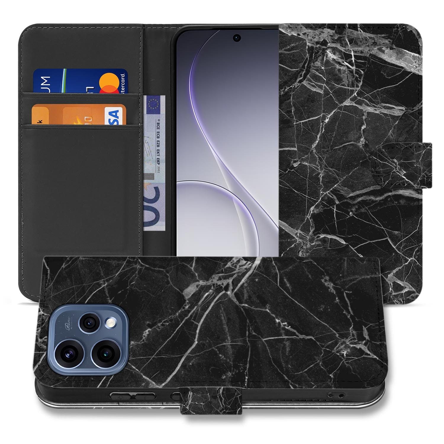 OPPO Reno15 book case hoesje Marmer Zwart – gesloten vooraanzicht