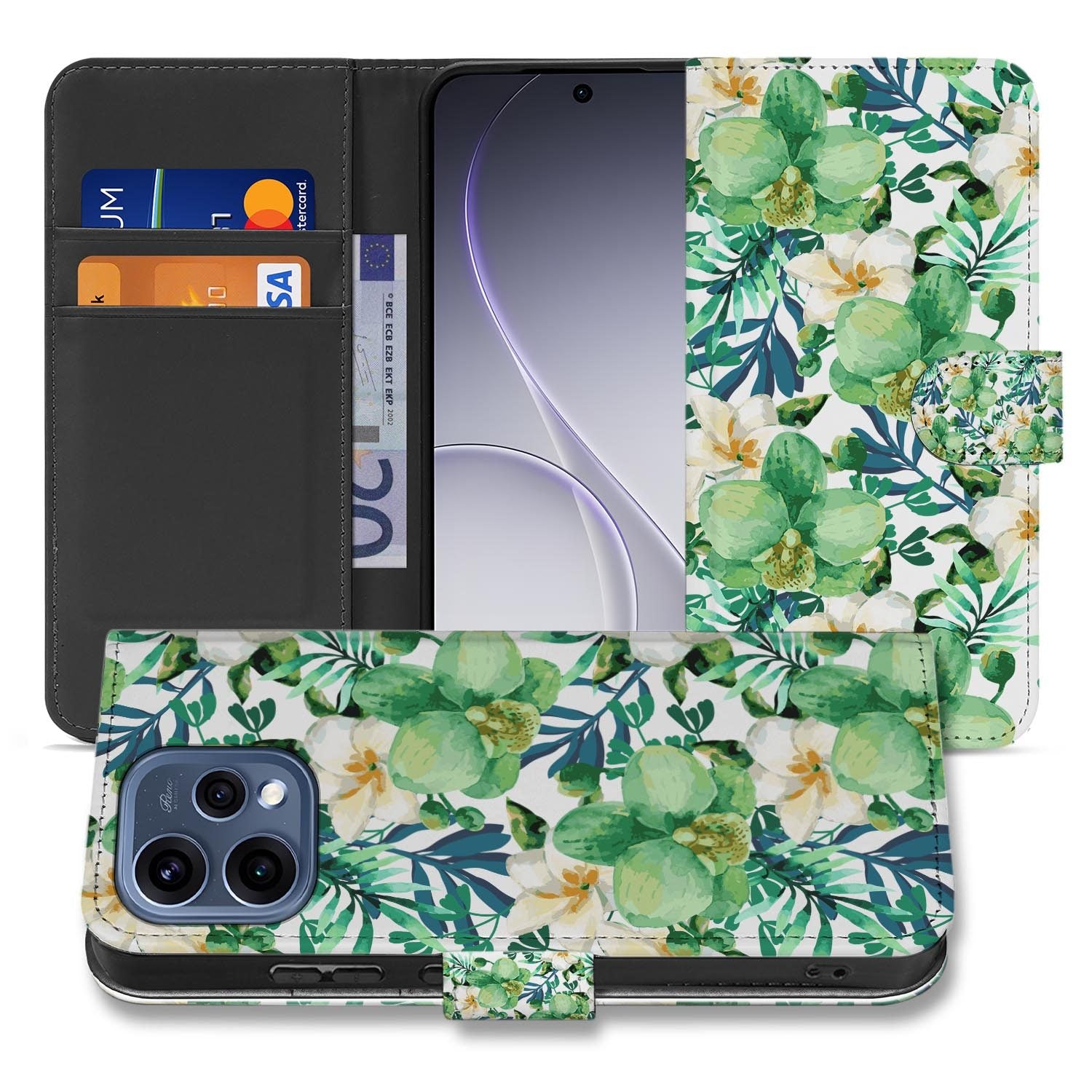 OPPO Reno15 portemonnee hoesje Orchidee Groen – detail van de print