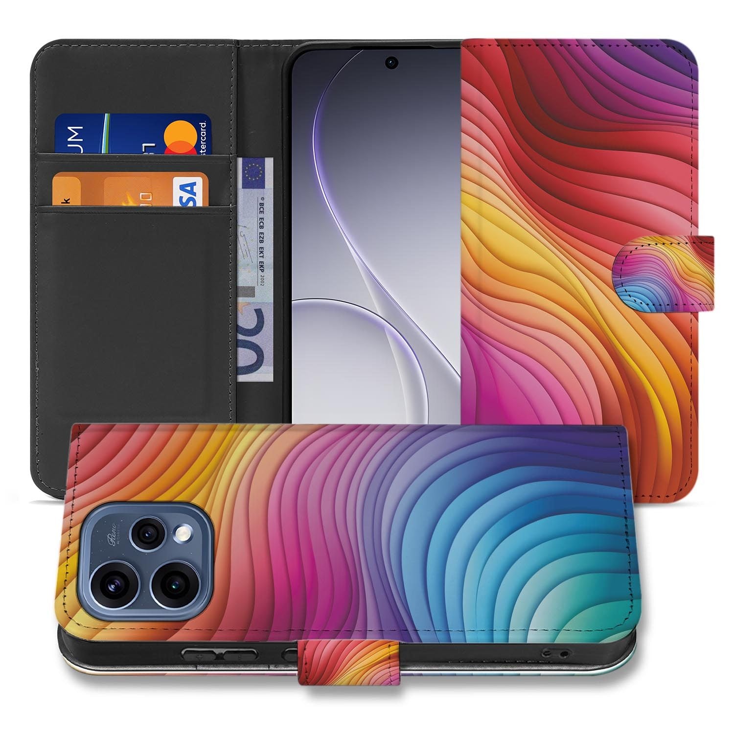 OPPO Reno15 portemonnee hoesje Regenboog – detail van de print
