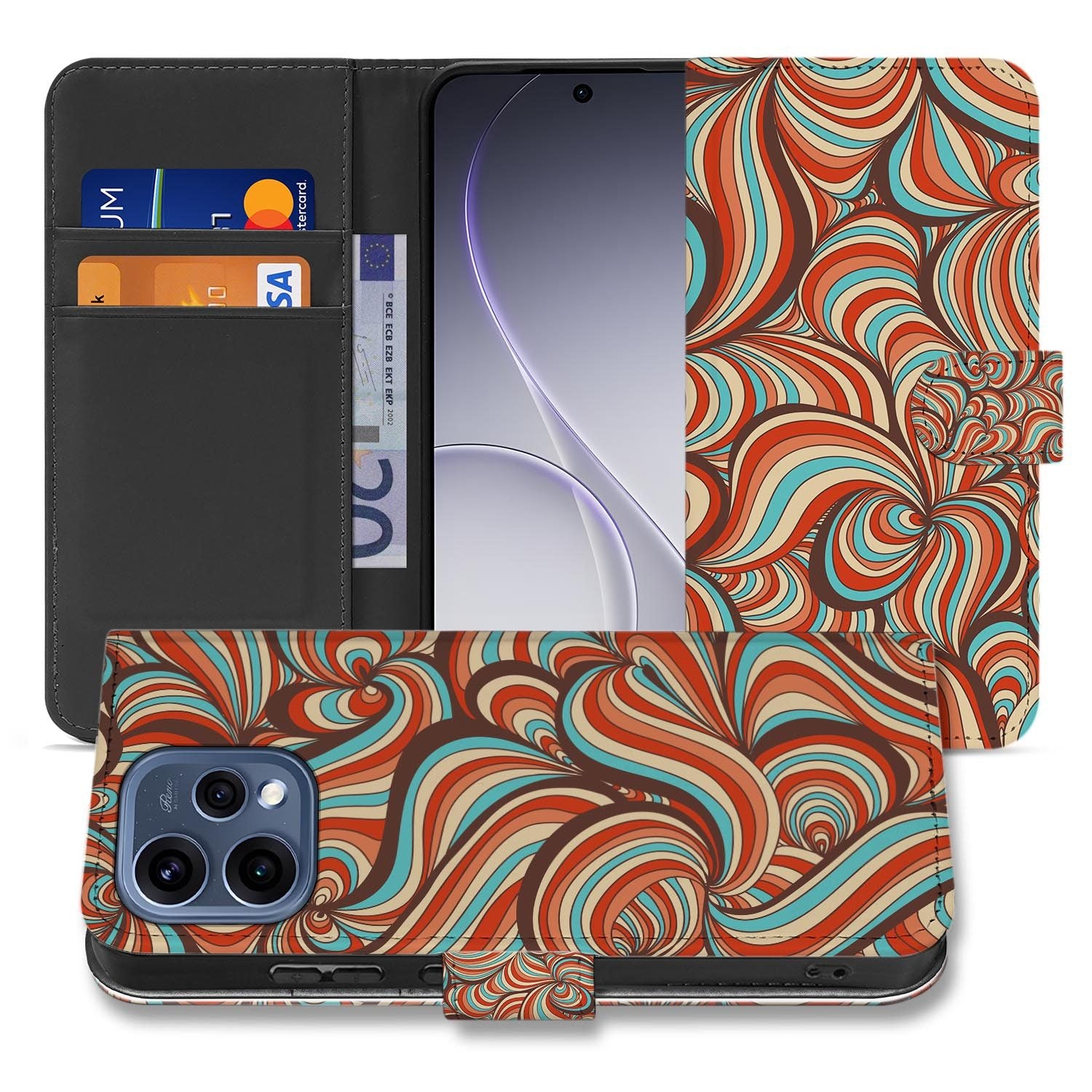 OPPO Reno15 hoesje met pasjeshouder Retro – bovenaanzicht van de klep