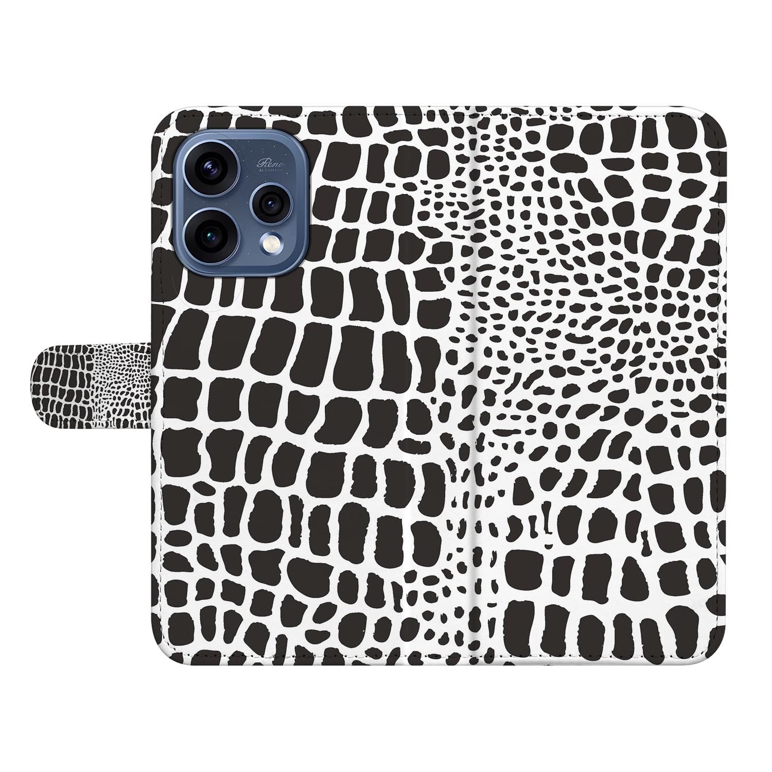 Boekhoesje OPPO Reno15 Slangenprint met zwart-wit slangenprint en reliëfwerking.