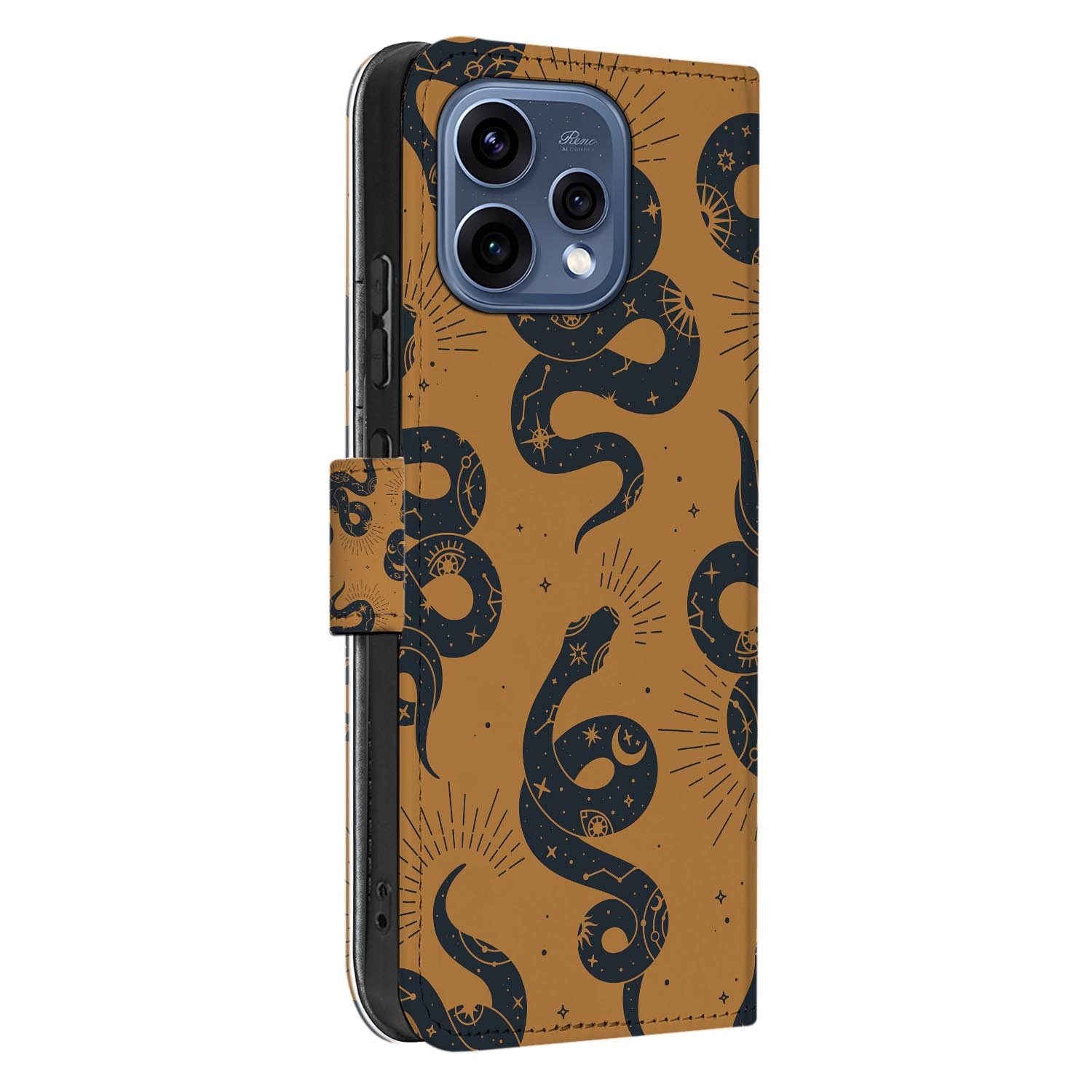 Wallet Hoesje OPPO Reno15 Slangen Bruin met slangenpatroon in warm bruin en zwart.