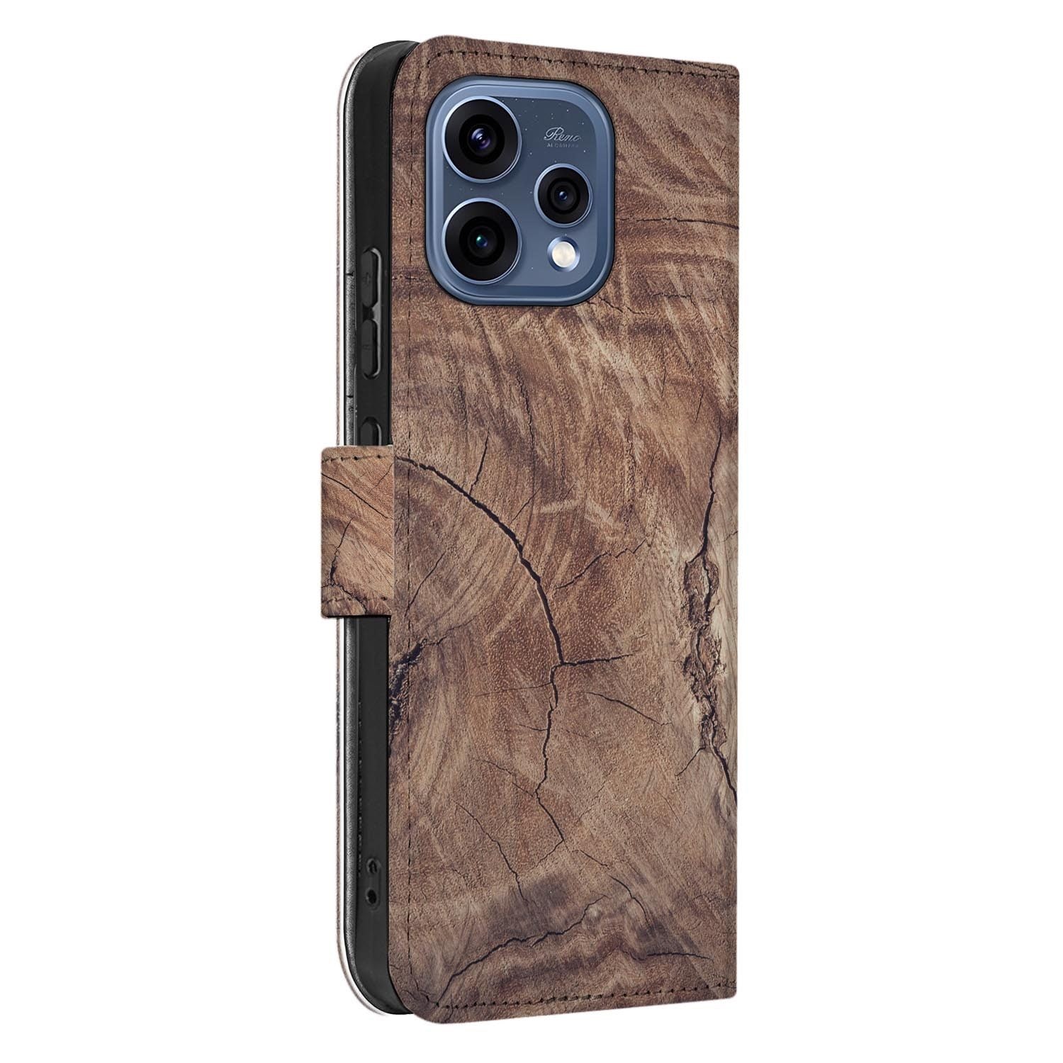 OPPO Reno15 Boekhoesje Boomstam met een unieke print van doorgezaagde boomstam en jaarringen in bruintinten.