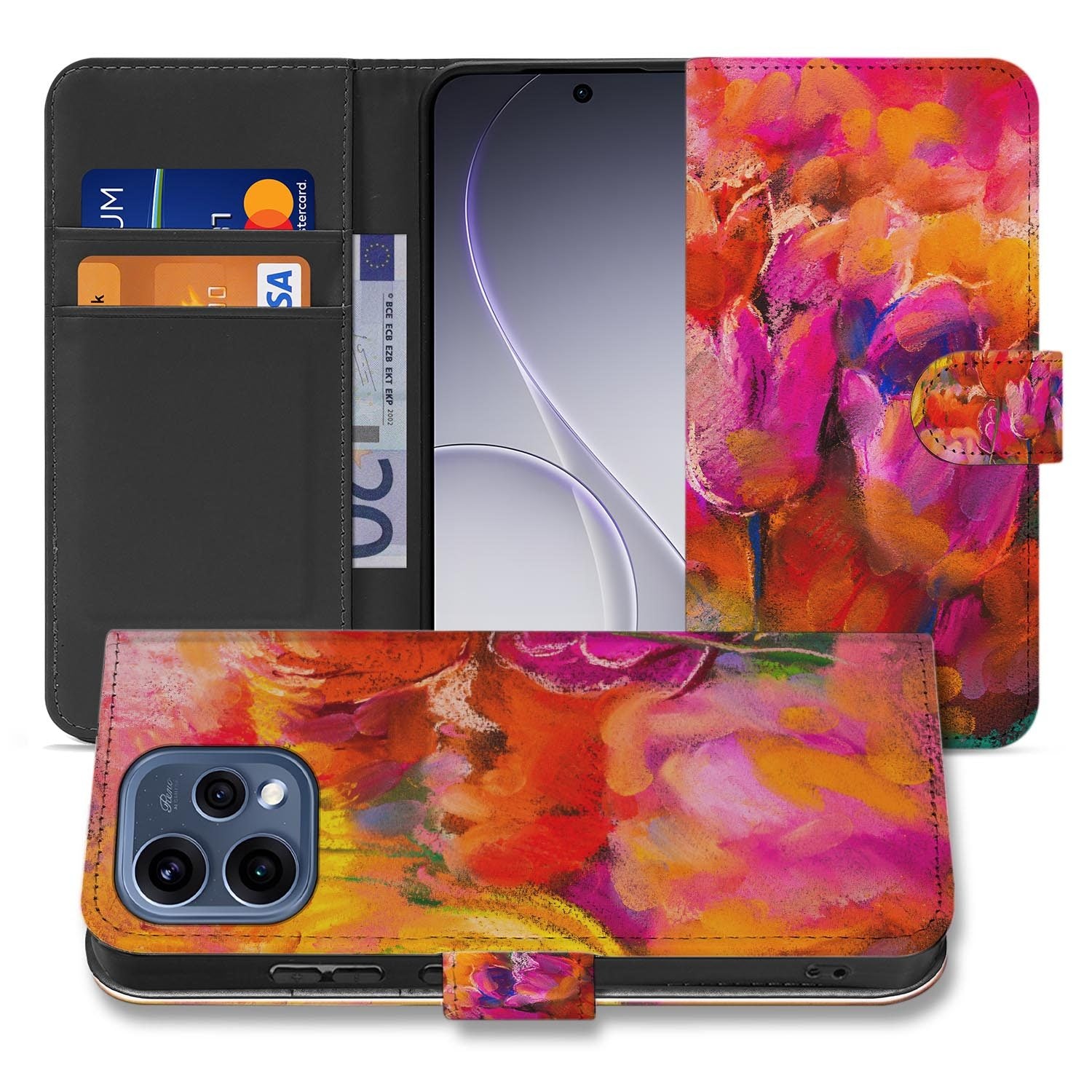 OPPO Reno15 Wallet Hoesje Tulips met aquarel tulpen in rood en roze op zwart interieur.