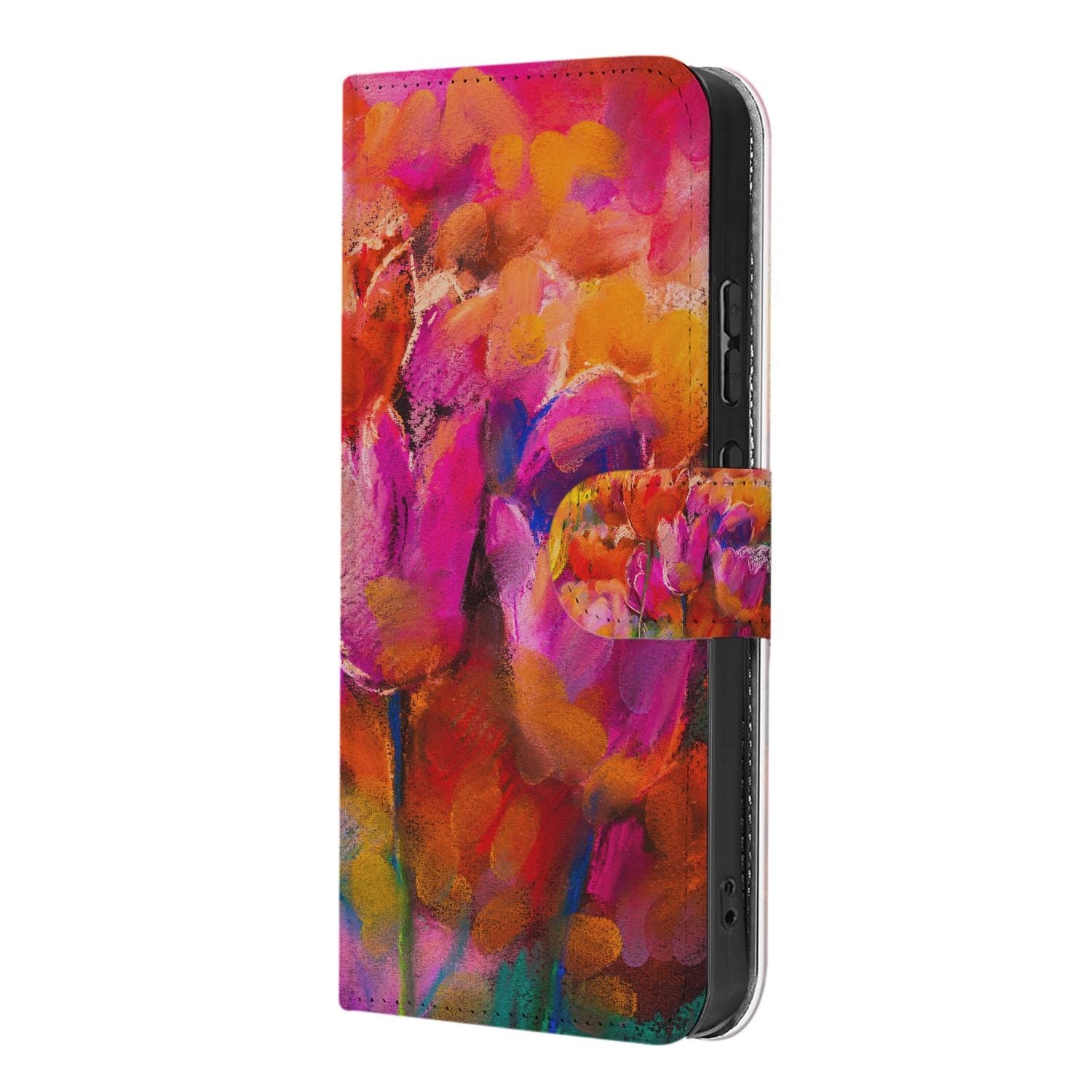 OPPO Reno15 Wallet Hoesje Tulips met aquarel tulpen in rood en roze op een kleurrijke achtergrond.