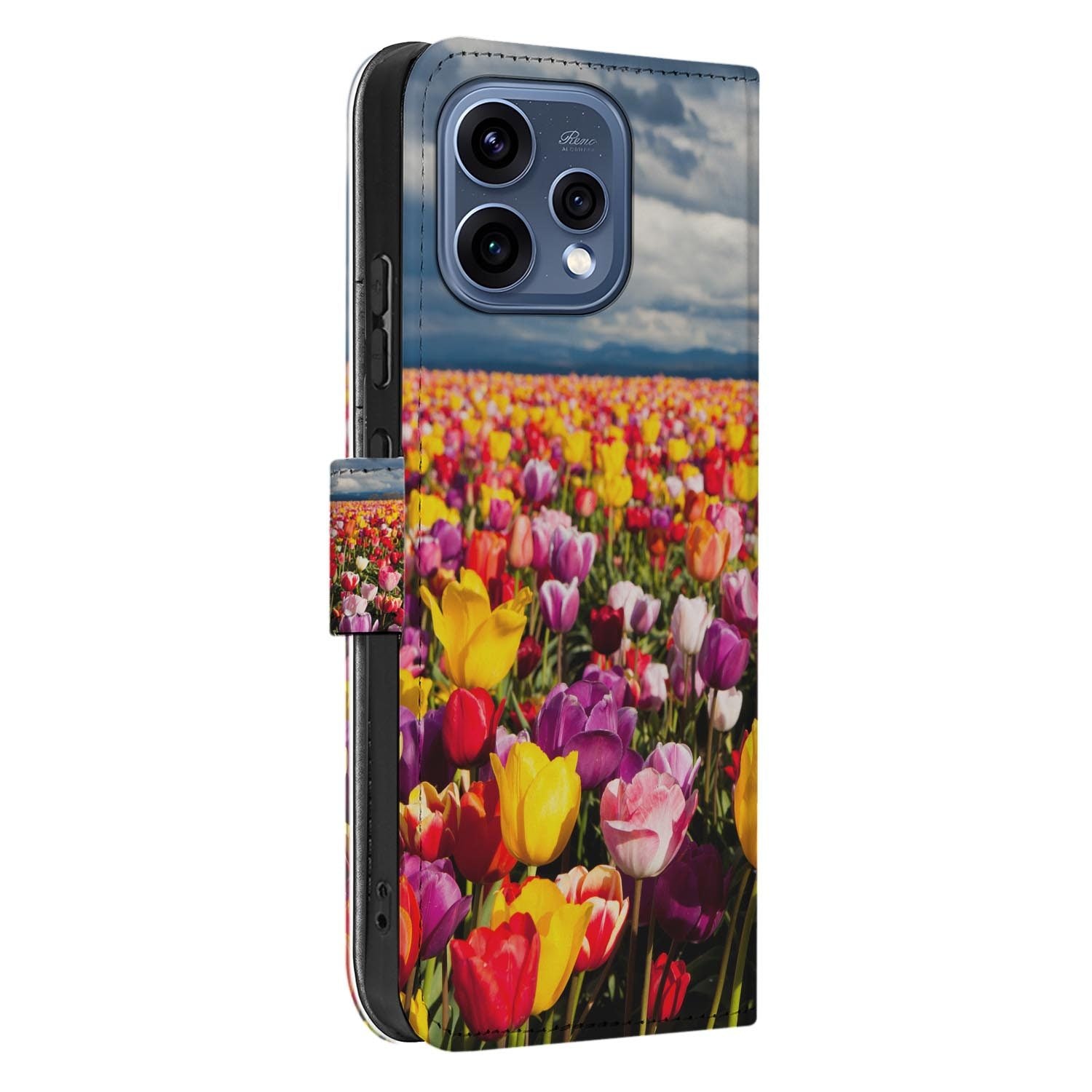 OPPO Reno15 Portemonnee Hoesje Tulpen met kleurrijke bloemenprint in helder geel en paars.