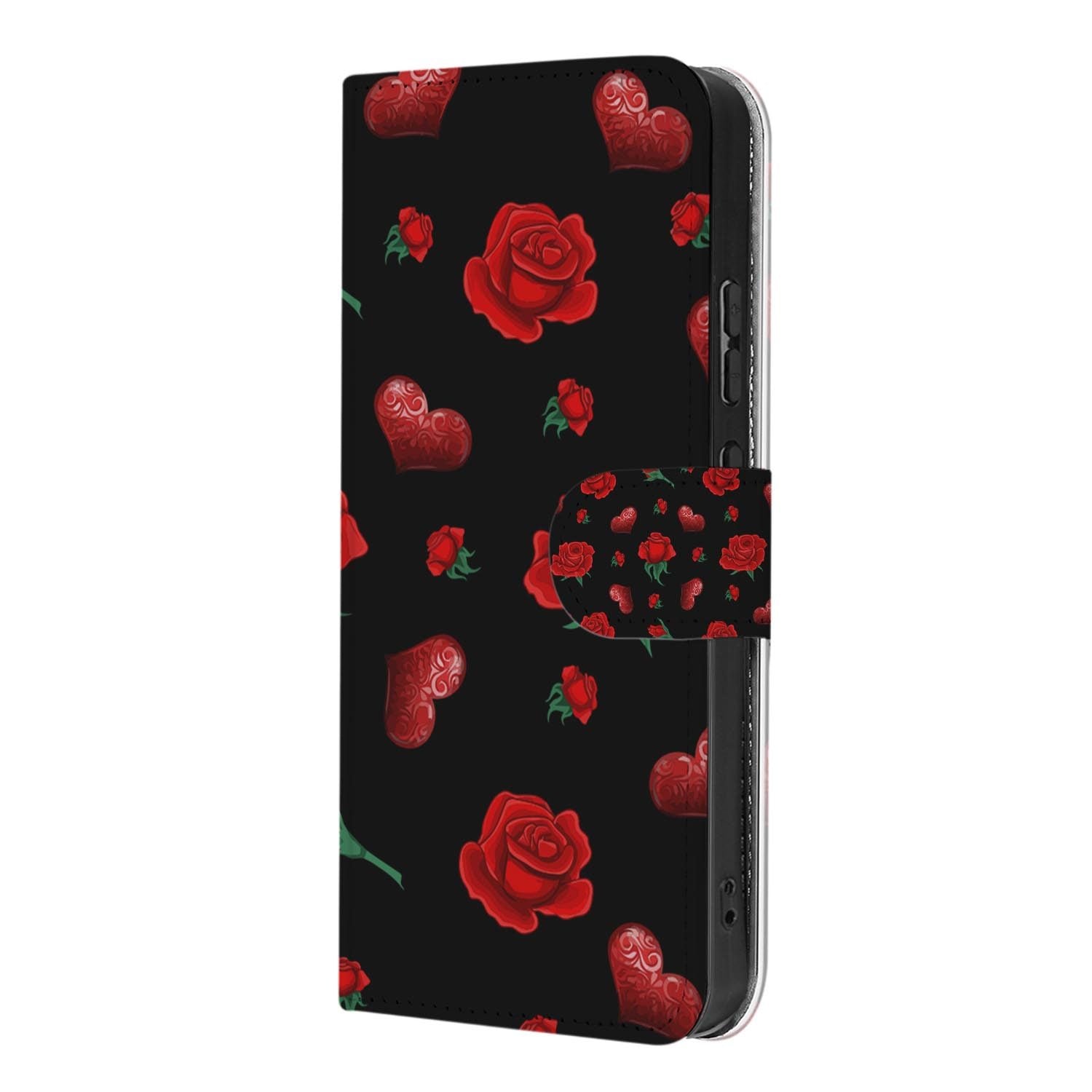 OPPO Reno15 Hoesje met Pasjeshouder Valentine met rode harten en rozen op zwarte achtergrond