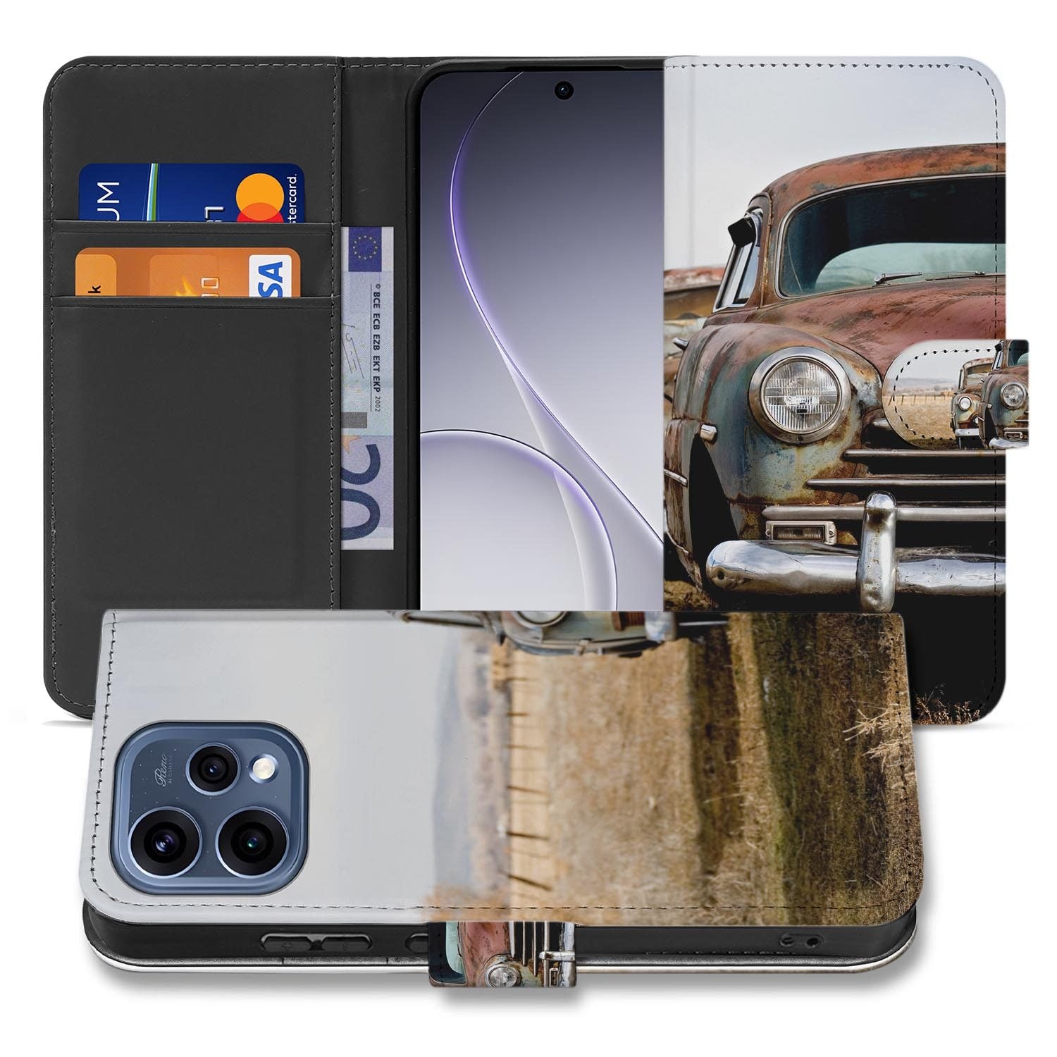 Portemonnee Hoesje OPPO Reno15 Vintage Auto met klassiek auto ontwerp en ruimte voor pasjes.