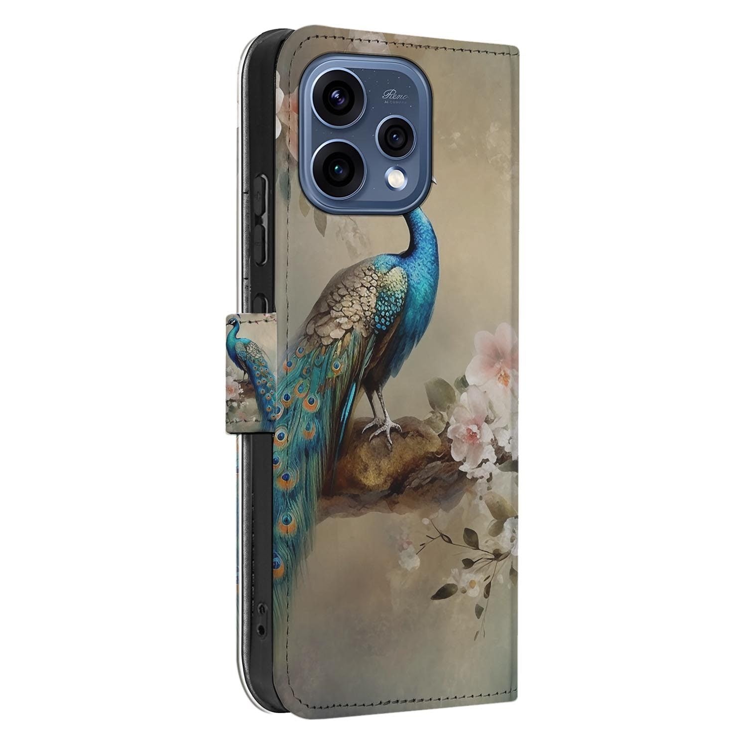 OPPO Reno15 boekhoesje Vintage Pauwen – gesloten vooraanzicht