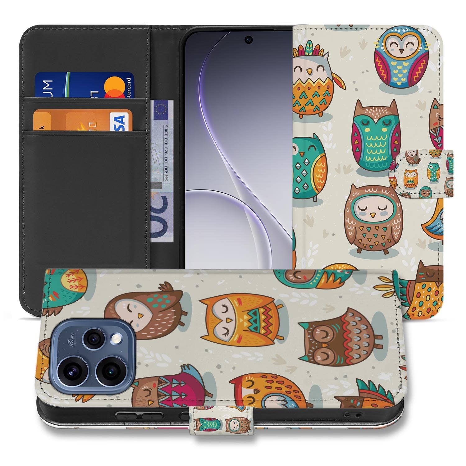 OPPO Reno15 book case hoesje Vrolijke Uilen – binnenzijde met TPU-houder