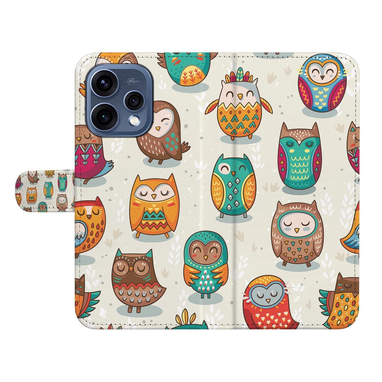 OPPO Reno15 book case hoesje Vrolijke Uilen – detail van de print