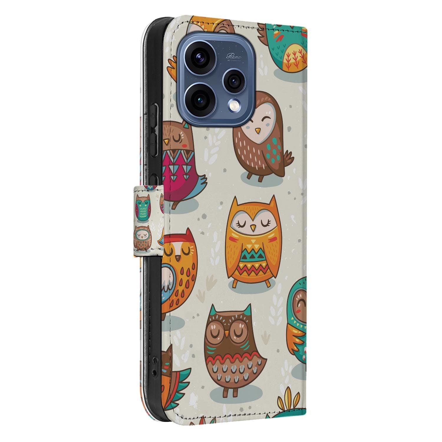 OPPO Reno15 book case hoesje Vrolijke Uilen – randafwerking en stiksel