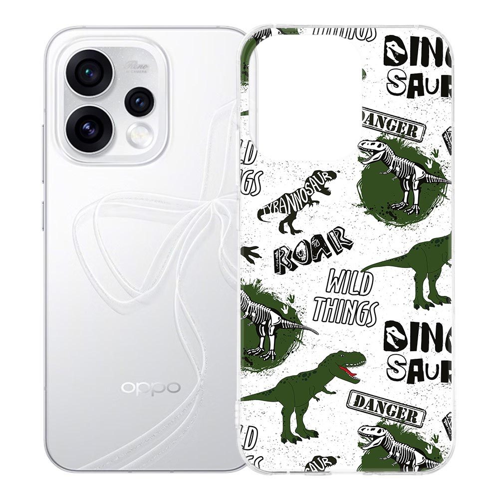 Hoesje OPPO Reno15 Dinosaurus met groene dino-illustraties op witte achtergrond