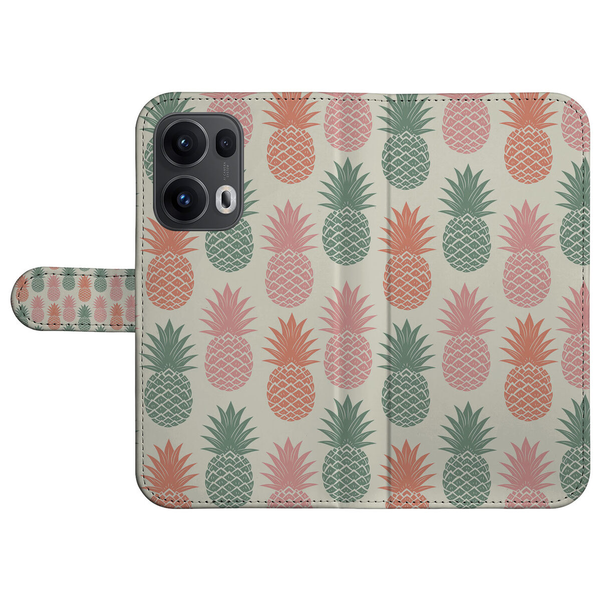 OPPO Reno 13 Pro Book Case ‘Ananas’ Stijlvol Hoesje met Pasjeshouder Ananasprint voorkant