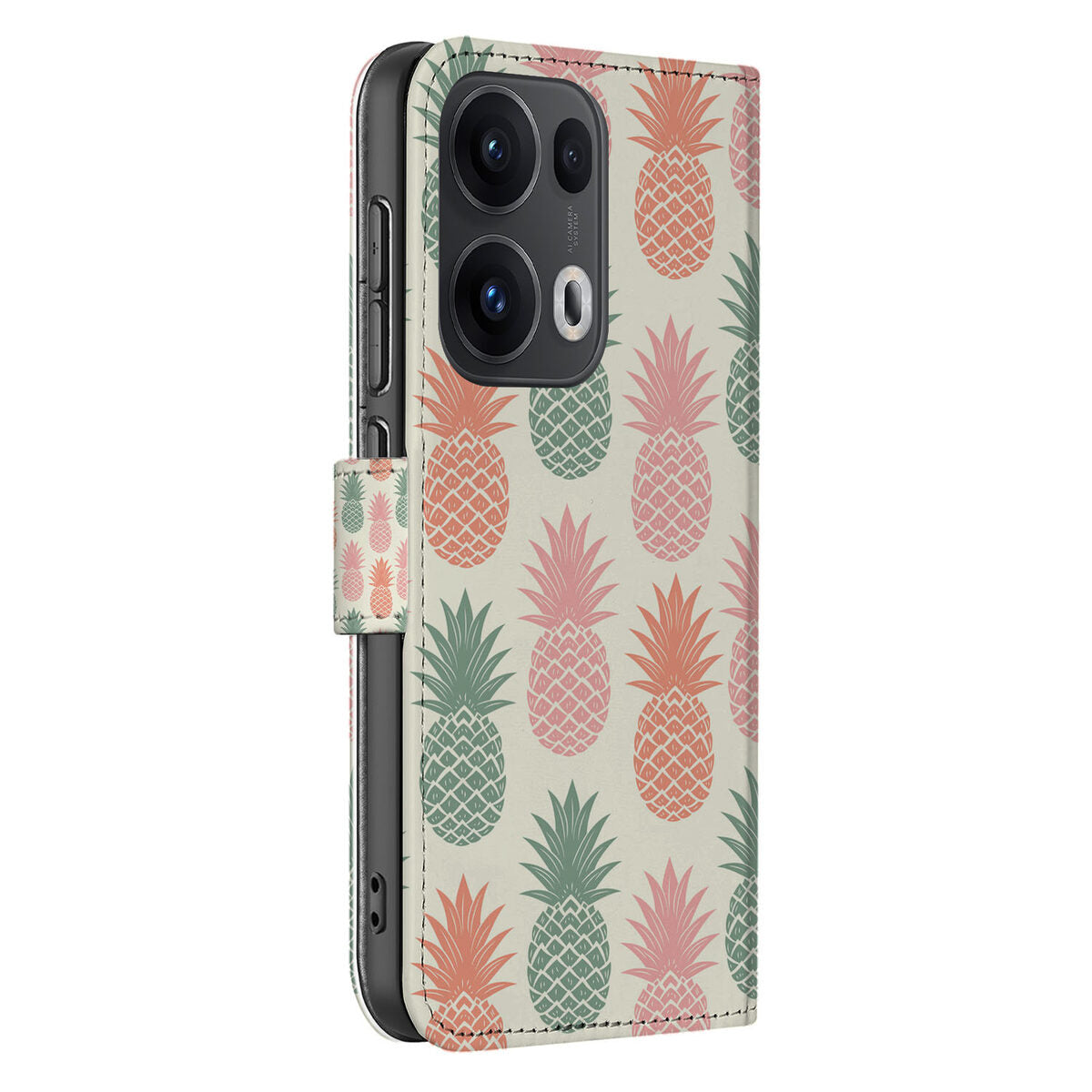 OPPO Reno 13 Pro Book Case ‘Ananas’ Stijlvol Hoesje met Pasjeshouder ananas print aanzicht