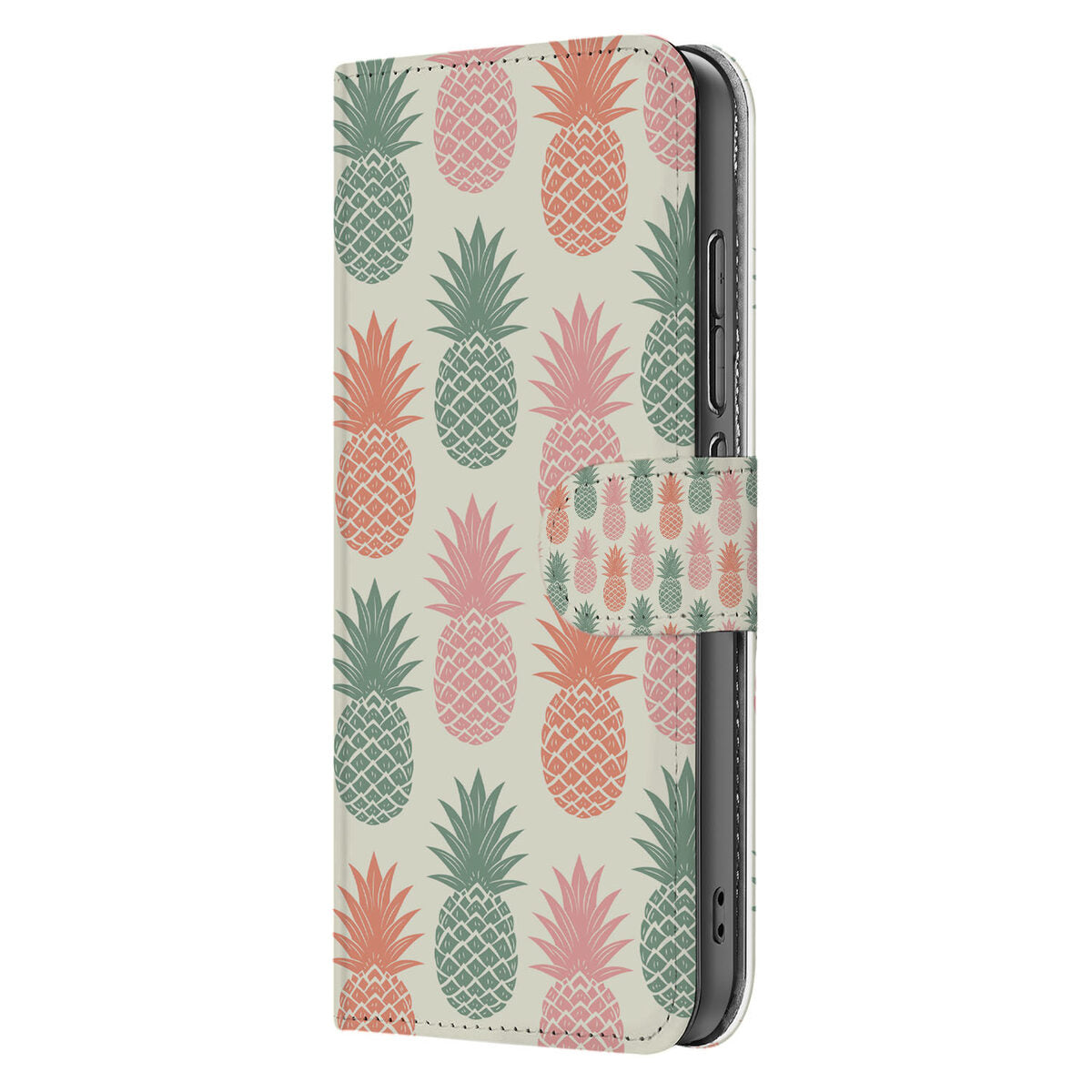 OPPO Reno 13 Pro Book Case ‘Ananas’ Stijlvol Hoesje met Pasjeshouder ananasprint aanzicht