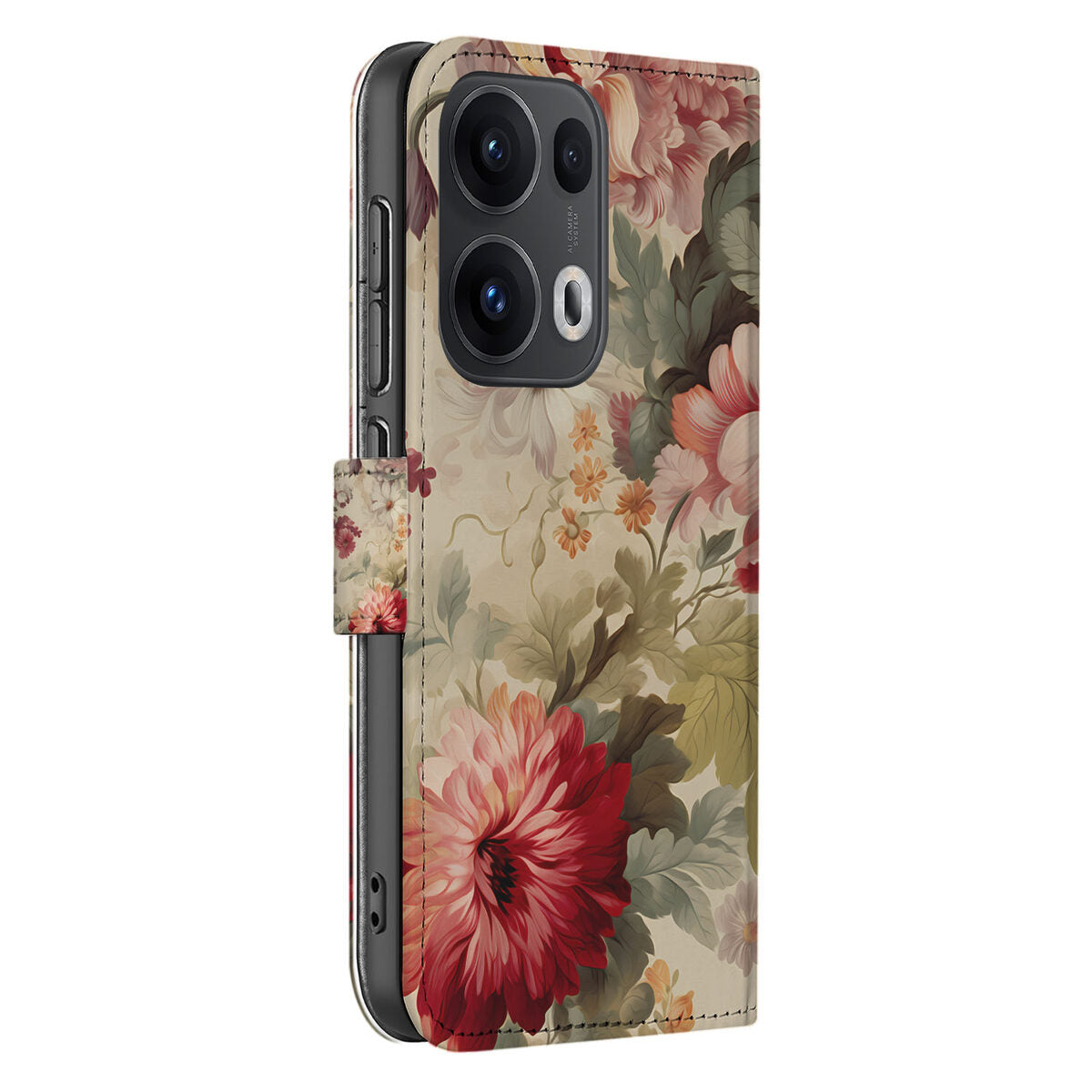 OPPO Reno 13 Pro Book Case ‘Bloemen’ boekcase bloemenprint zijkant