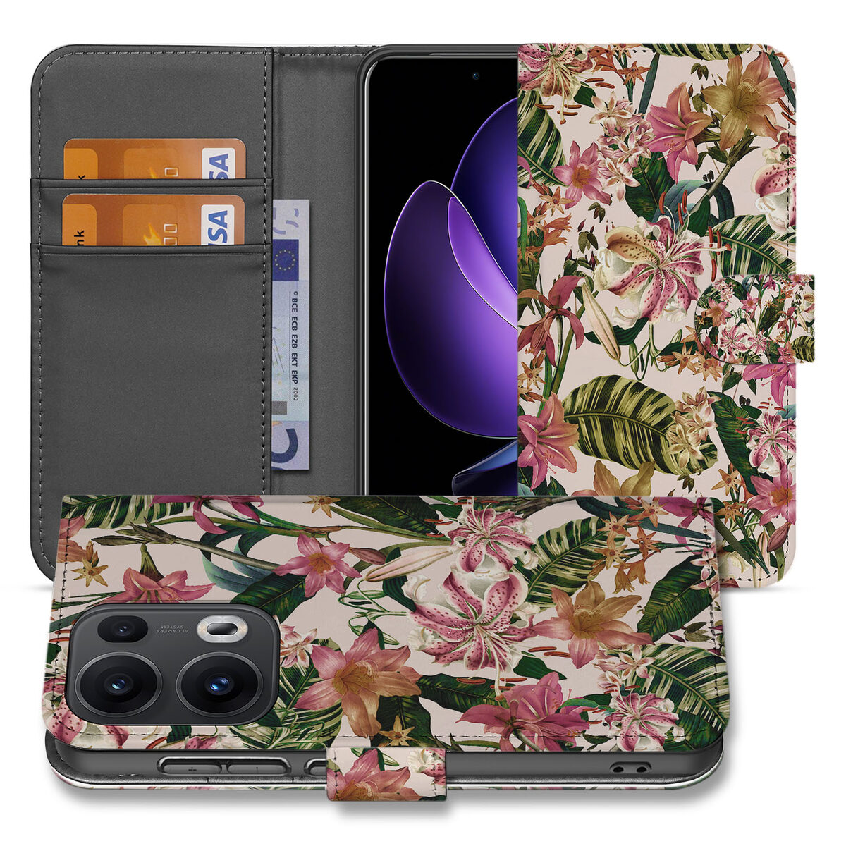 OPPO Reno 13 Pro Book Case ‘Bloemen’ Stijlvol Hoesje met Bloemenprint Pasjeshouder aanzicht