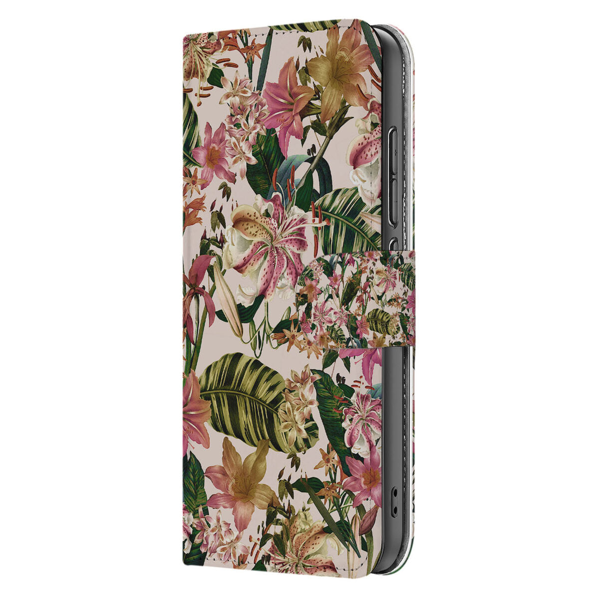 OPPO Reno 13 Pro Book Case ‘Bloemen’ Stijlvol Hoesje met Bloemenprint Pasjeshouder zij aanzicht