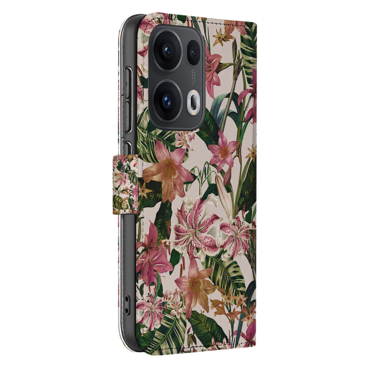 OPPO Reno 13 Pro Book Case ‘Bloemen’ Stijlvol Hoesje met Bloemenprint & Pasjeshouder zijaanzicht