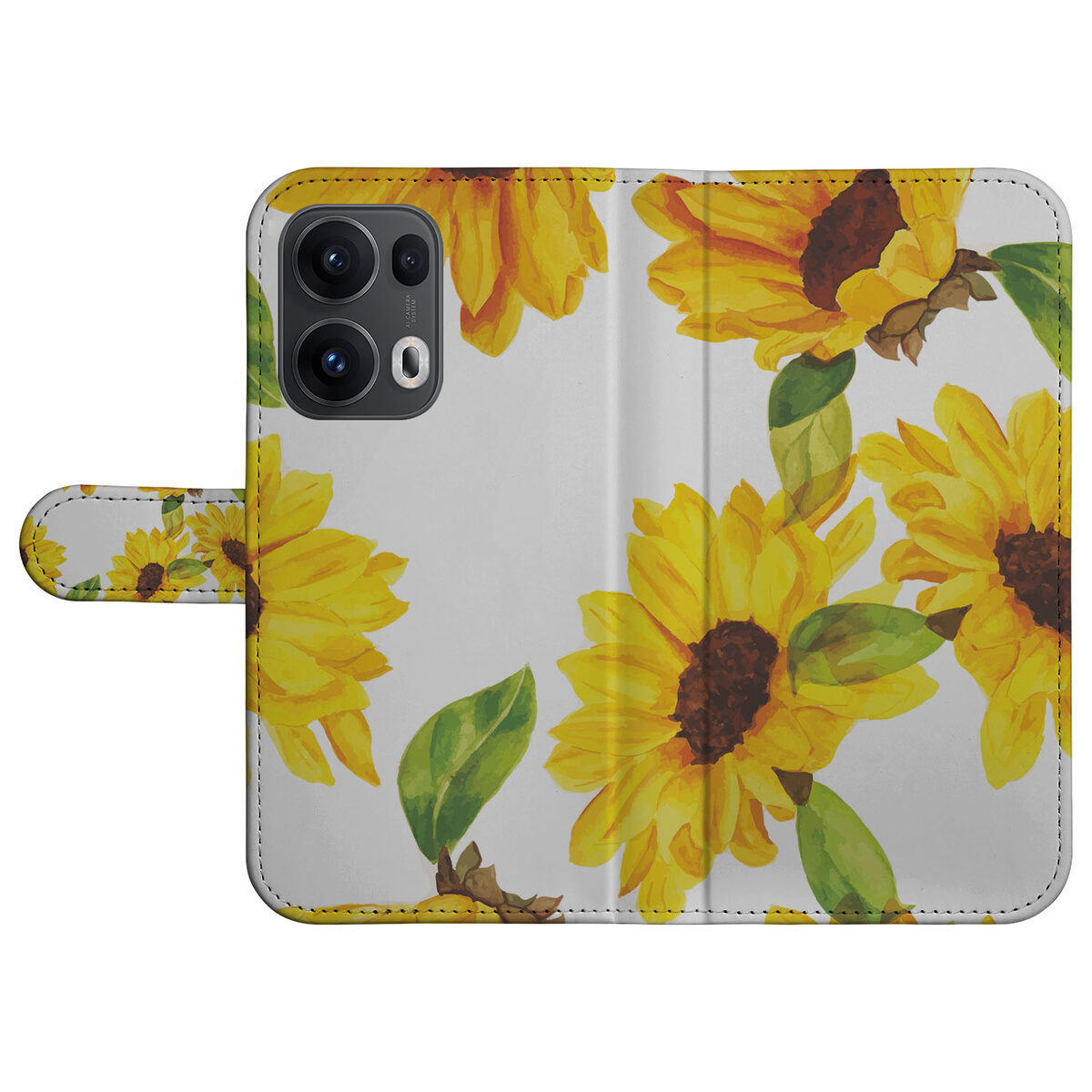 OPPO Reno 13 Pro Book Case ‘Zonnebloemen’ stijlvol hoesje met pasjeshoude aanzicht