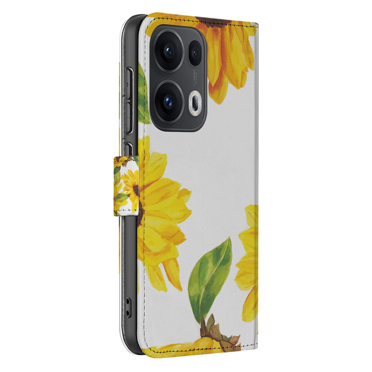 OPPO Reno 13 Pro Book Case ‘Zonnebloemen’ hoesje boekcase met gele zonnebloemen zijaanzicht