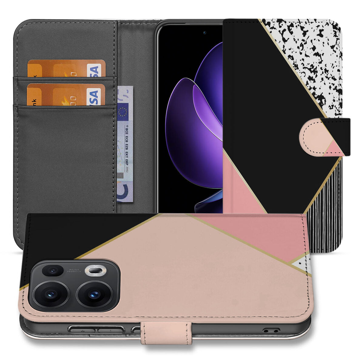 OPPO Reno 13 Pro Book Case Zwart Roze Vormen hoesje design Black Pink aanzicht