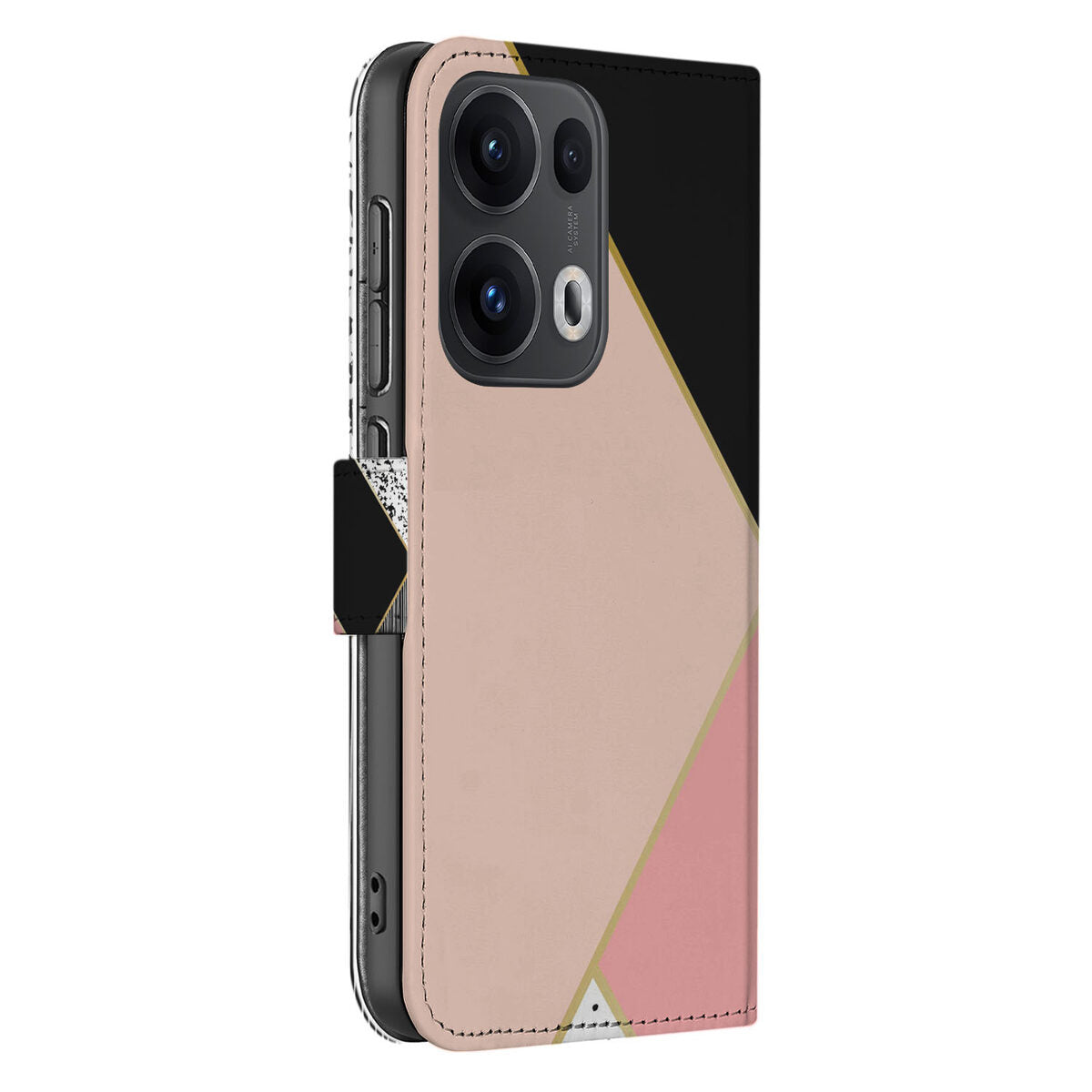OPPO Reno 13 Pro Book Case Zwart Roze Vormen hoesje zwart roze vormen zijaanzicht