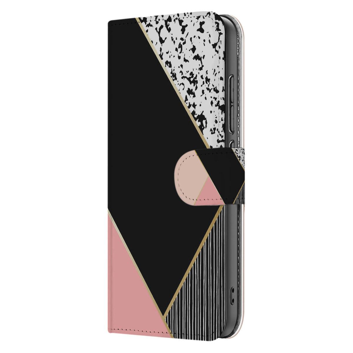 OPPO Reno 13 Pro Book Case Zwart Roze Vormen book case zwart roze geometrisch aanzicht