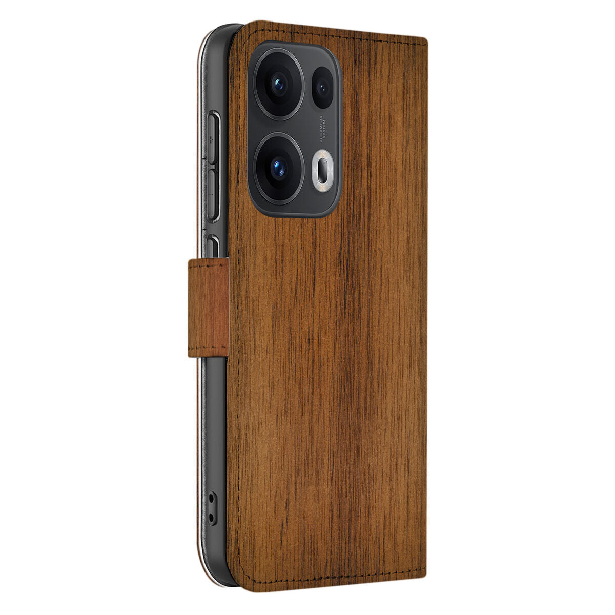 OPPO Reno 13 Pro Book Style Case Donker Hout bookcase hoesje aanzicht