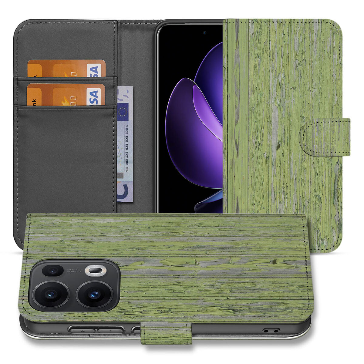 OPPO Reno 13 Pro Book Style Case Green Wood hoesje groen hout aanzicht