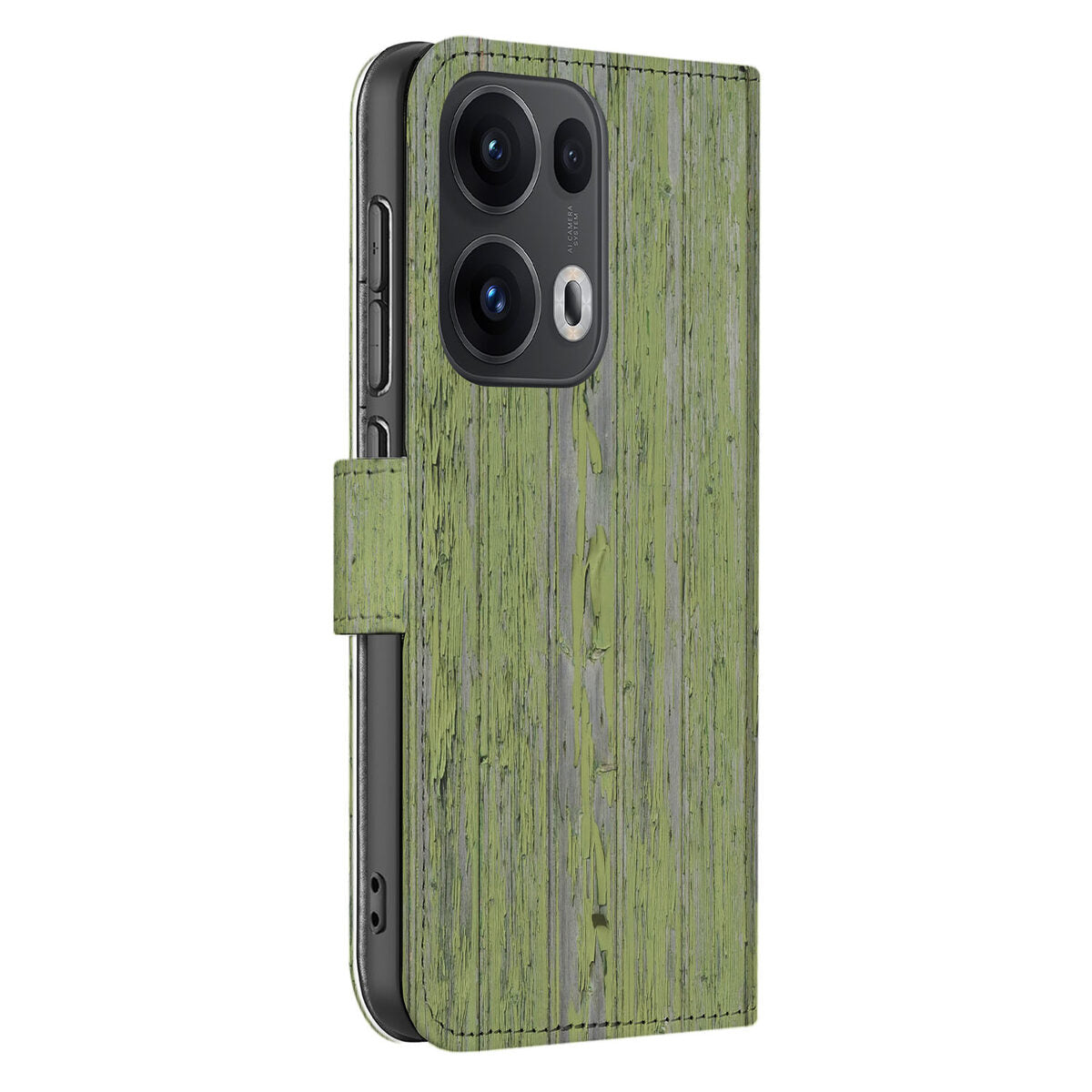OPPO Reno 13 Pro Book Style Case Green Wood hoesje groen hout aanzicht