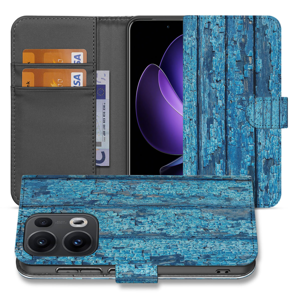 OPPO Reno 13 Pro Book Style Case Wood Blue hoesje design blue aanzicht