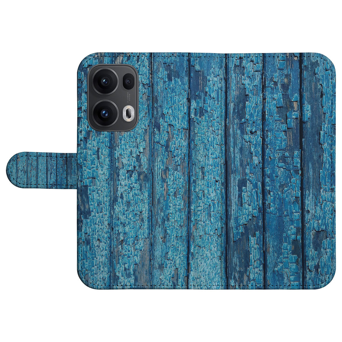 OPPO Reno 13 Pro Book Style Case Wood Blue case ontwerp aanzicht