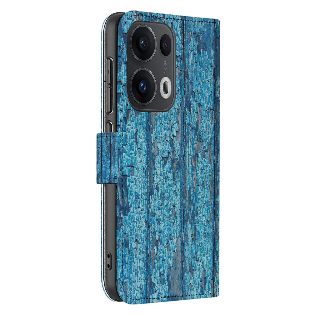 OPPO Reno 13 Pro Book Style Case Wood Blue hoesje design blauw aanzicht