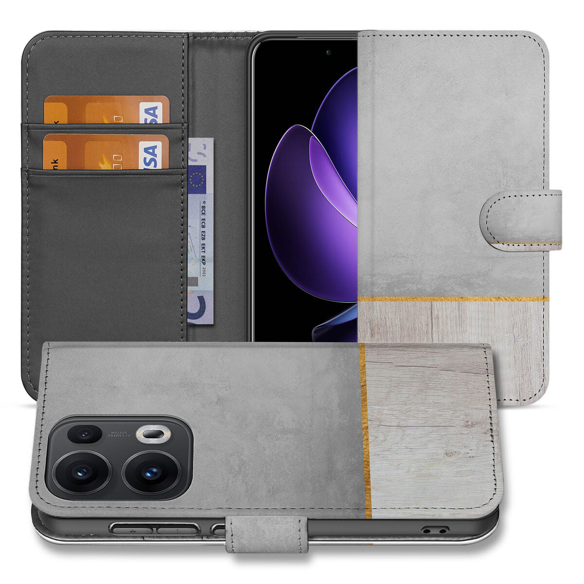 OPPO Reno 13 Pro Book Style Case Wood Concrete vooraanzicht