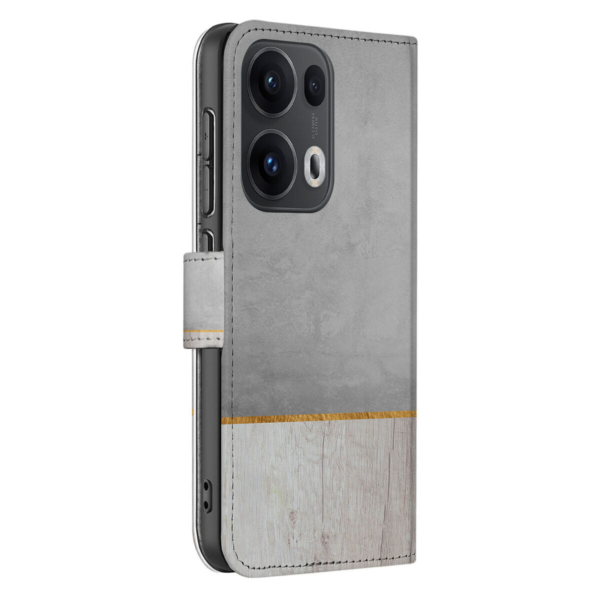 OPPO Reno 13 Pro Book Style Case Wood Concrete zijaanzicht