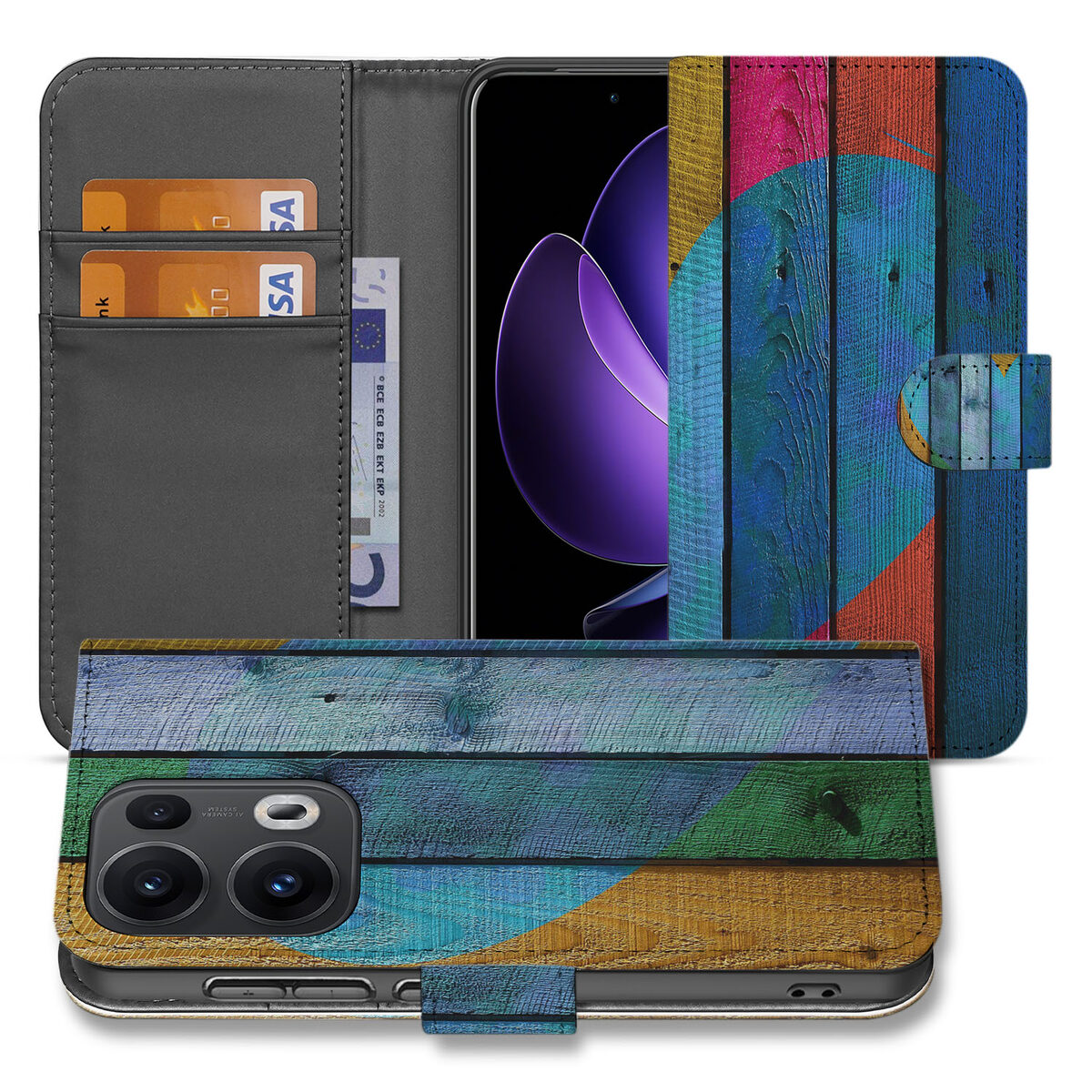 OPPO Reno 13 Pro Book Style Case Wood Heart case aanzicht kleurachtig ontwerp